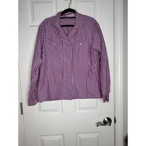 Cheyne Woman's Raspberry and Blue‎ Striped Button-Down Hidden Buttons Size L